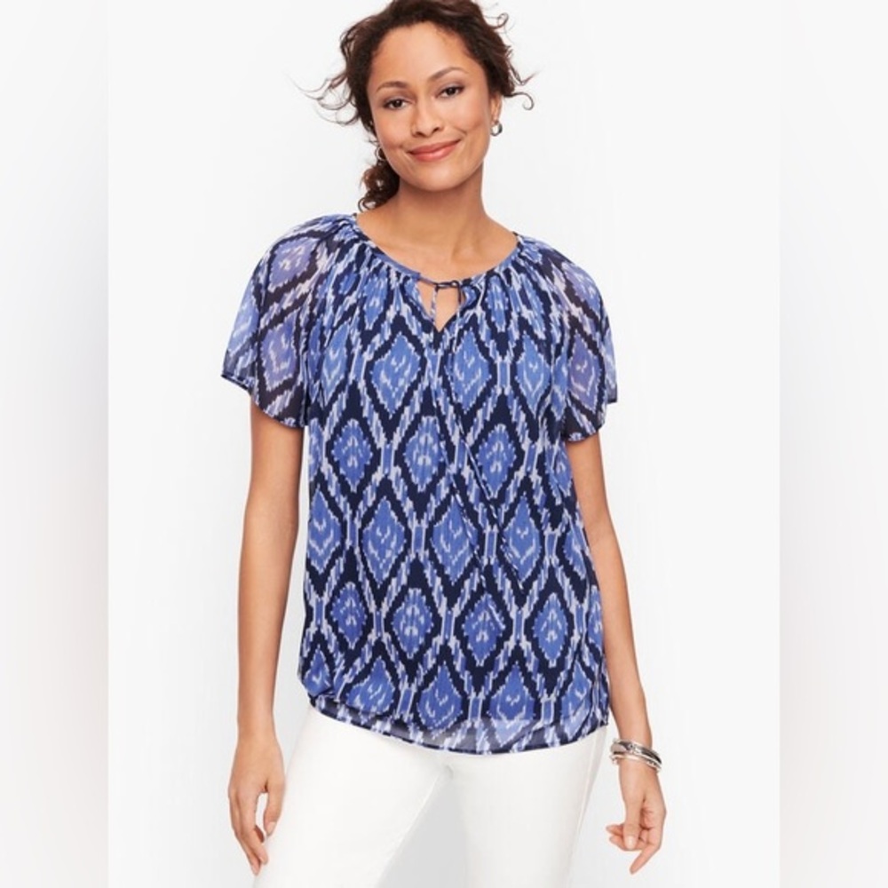 Talbots Blue Geometric Tie Neck Blouse Women’s size XS - Picture 1 of 8